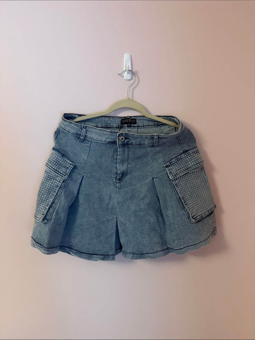 Stud-Embellished Light Blue Denim Cargo Skort
